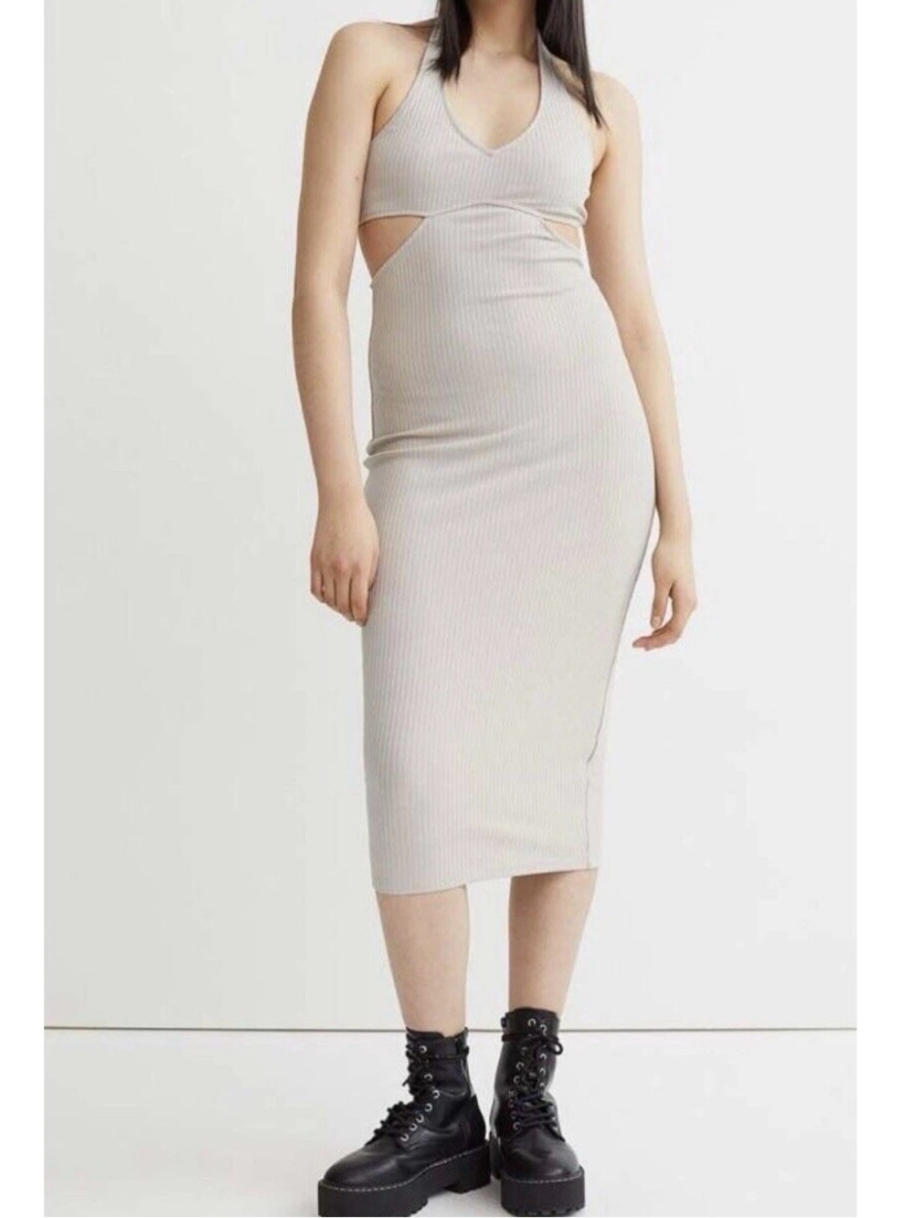 Divided Backless Ribbed Maxi Dress - Light Gray